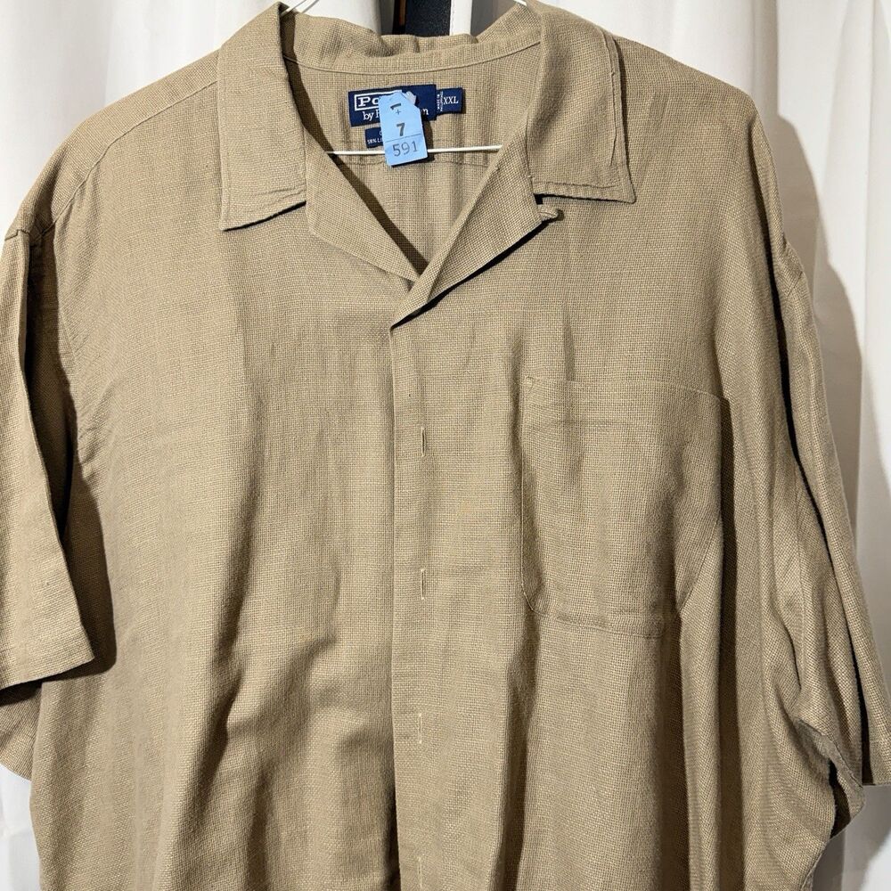 Polo Ralph Lauren Shirt Mens XXL Khaki Tan Loop Open Collar Camp‎ Clayton